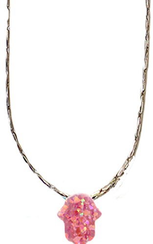 Large Opal Pink Hamsa Amulet With Silver  Necklace - Chain 18 inch Pendant 7/16 inch W X 1/2 inch H