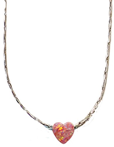 Opal Pink Heart With Silver Necklace - Chain 18 inch Pendant 1/4 inch W 1/4 inch H