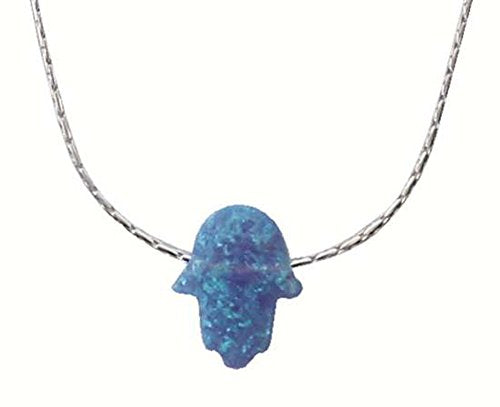 Large Opal Blue Hamsa Amulet With Silver Necklace - Chain 18 inch Pendant 7/16 inch W X 1/2 inch H