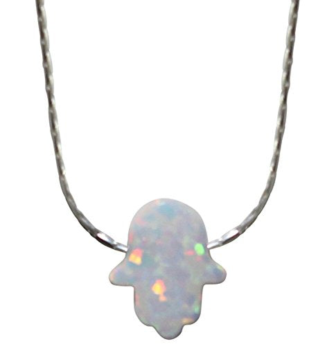 Large Opal White Hamsa Amulet with Silver Necklace - Chain 18 inch Pendant 7/16 inch W X 1/2 inch H