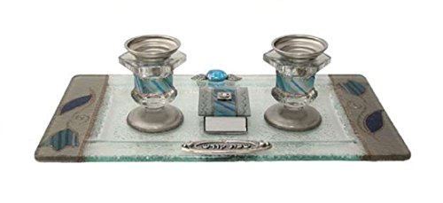 Ultimate Judaica Candle Stick With Tray And Matchbox Small Applique - Ocean Blue With Tulip - Tray 10 3/4 inch W X 6 inch H Candlesticks  - 2.5 inch H Matchbox 2 inch W X 1.5 inch H