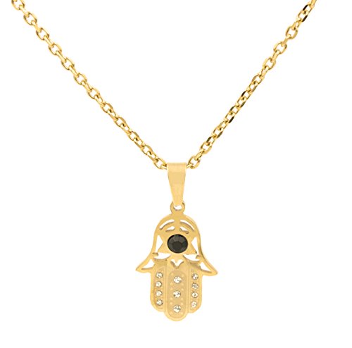 BenandJonah Stainless Steel Yellow Gold-Tone Hamsa Evil Eye Pendant Necklace with Link Chain 18 inch