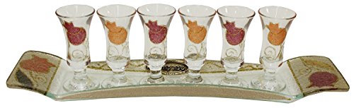 Cheers Collection Liquor Set with 6 Glasses And Tray Pomegranate - Red - Tray 15 inch X 3.5 inch - Cup 3.75 inch H
