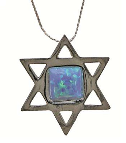 Silver Star Of David Necklace With Opal - Chain 16 inch Pendant 7/8 inch W X 1 inch H