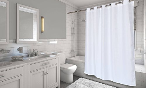 Royal Bath Easy On (No Hooks Needed) Fabric Shower Curtain (70 inch x 72 inch ) with Built in Hooks - White Waffle Weave