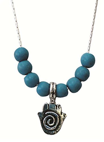Silver Hamsa Swirl Amulet Necklace With Turquoise Beads - Chain 16 inch Pendant 5/16 inch W X 7/16 inch H