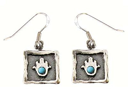 Geometric Swaure Hamsa Amulet Earrings With Turquoise - Hamsa Amulet 3/8 inch X 3/8 inch