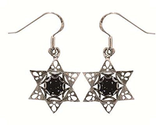 Silver Star Of David Earrings With Garnet - Star 6/8 inch X 6/8 inch
