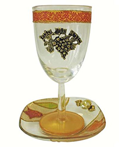 Glass Kiddush Cup with Plate Tulip - Colorful - Cup 6.5 inch H - Plate 5 inch x 5 inch