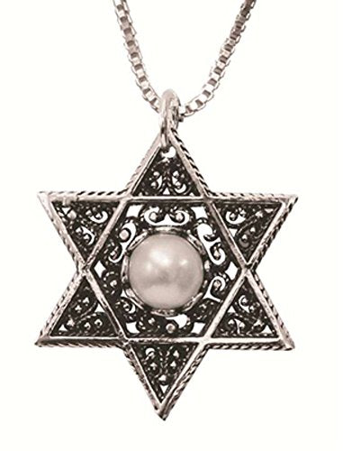 Silver Star Of David Necklace With Pearl - Chain 16 inch Pendant 7/8 inch W X 1 inch H
