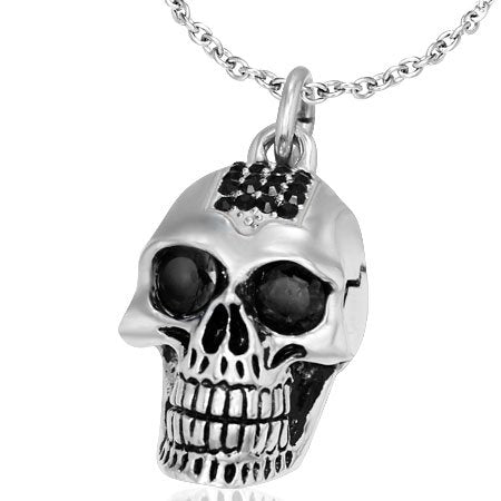 Stainless Steel Biker Skull Pendant With Jet Black CZ And Bead Chain 24 inch