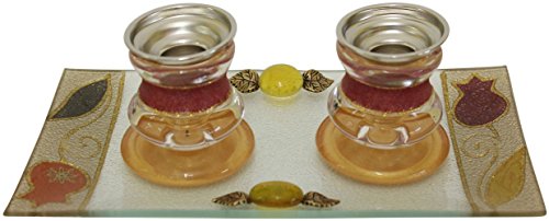 Ultimate Judaica Candle Stick With Tray Small Applique - Red - Candle Stick 2.5 inch H Â Tray 8 inch W x 4 inch H