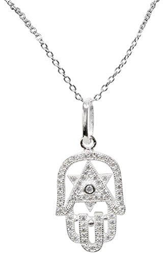 Silver Hamsa Necklace With Stones - Chain 18 inch Pendant 1/2 inch W X 1 inch H