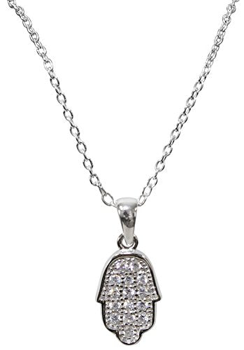 Silver Hamsa Necklace With Stones - Chain 18 inch Pendant 1/4 inch W X 1/2 inch H