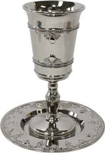 Nickel Plated Kiddush Cup With Plate With Stand 6 1/4 inch H