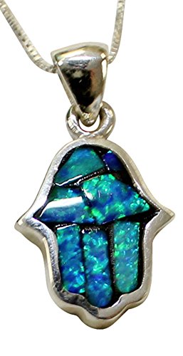 Modern Silver & Opal Hamsa Amulet Necklace - Chain 18 inch Pendant 5/8 inch H 1/2 inch W