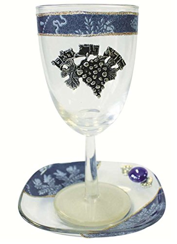 Glass Kiddush Cup with Plate Applique - Blue - Cup 6.5 inch H - Plate 5 inch x 5 inch