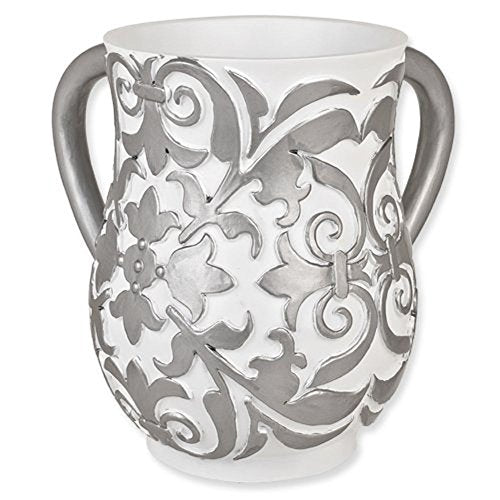 Ultimate Judaica White and Silver Floral Resin Wash Cup (Netilat Yadayim) - 6.25 inch H