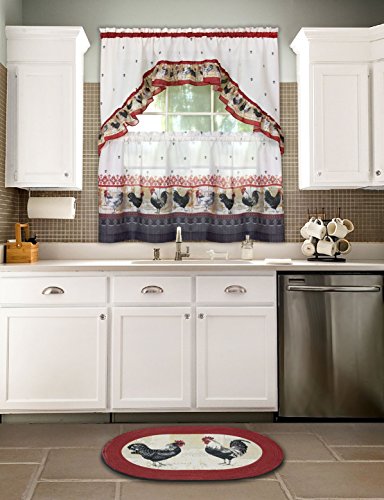 Ben&Jonah Collection Rooster - Printed Tier and Swag Window Curtain Set - 57x36 - Burgundy