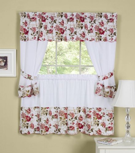 Ben&Jonah Collection Wisteria Embellished Cottage Window Curtain Set - 58x36 Tailored Tier Pair/58x36 Tailored Topper with attached swaggers and tiebacks. - Rose