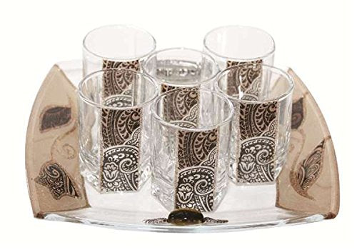Cheers Collection Liquor Set with 6 Glasses And Tray Tulip - Brown - Tray 8 inch X 8 inch - Cup 2 inch H
