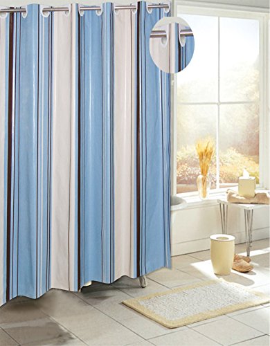 Royal Bath Easy On (No Hooks Needed) PEVA Non-Toxic Shower Curtain Liner (70 inch x 72 inch ) with Built in Hooks - Blue Stripes