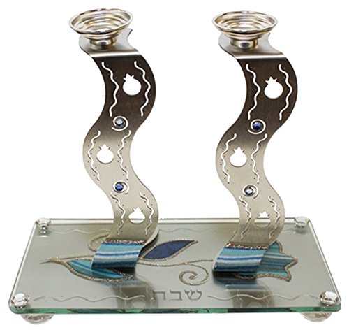 Ultimate Judaica Lazer Cut Candle Stick With Tray Applique - Ocean Blue  - Tray 9 3/4 inch W X 5 inch L Candle Sticks 7 inch H
