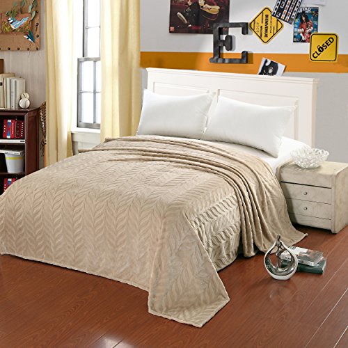 Ben&Jonah Designer Plush Queen (86 inch x 86 inch ) Leaf Etched Jacquard Blanket - Beige