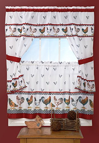Ben&Jonah Collection Top of the Morning Cottage Window Curtain Set - 57x24 Tier Pair/57x36 Tailored Topper with attached valance and tiebacks. - Black/White