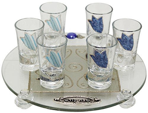 Cheers Collection Liquor Set with 6 Glasses Round And Tray Tulip - Ocean - Tray 15 inch X 3.5 inch - Cup 3.75 inch H
