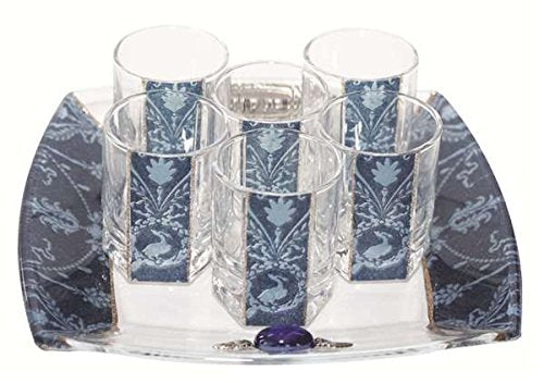 Cheers Collection Liquor Set with 6 Glasses And Tray Applique - Blue - Tray 8 inch X 8 inch - Cup 2 inch H