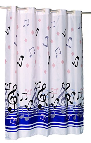 Royal Bath Easy On No Hooks Needed Extra Wide (108 inch x 72 inch ) Fabric Shower Curtain with Built in Hooks - Blue Note