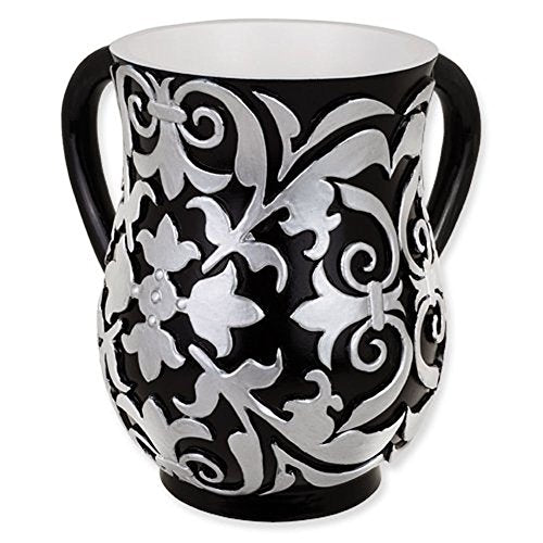 Ultimate Judaica Black and Silver Floral Resin Wash Cup (Netilat Yadayim) - 6.25 inch H