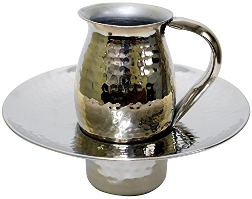 Beracha Collection Stainless Steel Mayim Achronim set (Bowl 2.75 inch H 7.5 inch W Cup 4 inch H 2 1/2 inch 1 Handle Silver Hammered)
