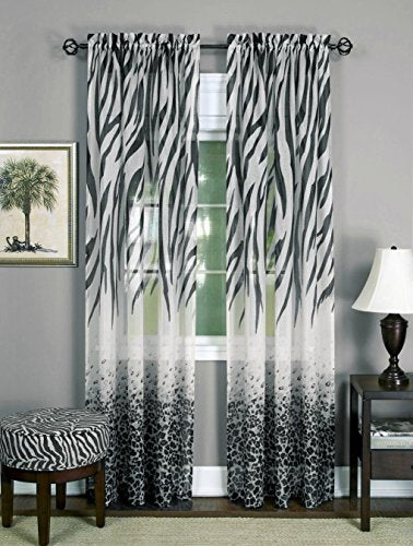 Savannah Collection Wild Safari Zebra and Leopard Print Set of 2 Sheer Panels in Black (50 inch x 84 inch )