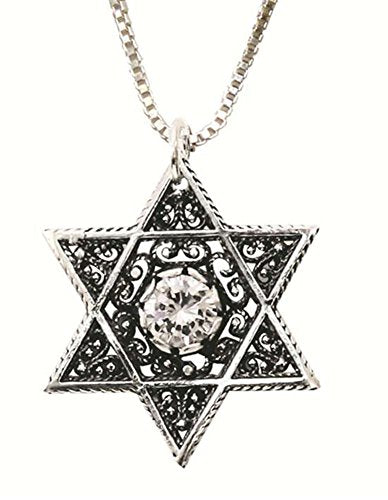 Silver Star Of David Necklace With Zircon - Chain 16 inch Pendant 7/8 inch W X 1 inch H