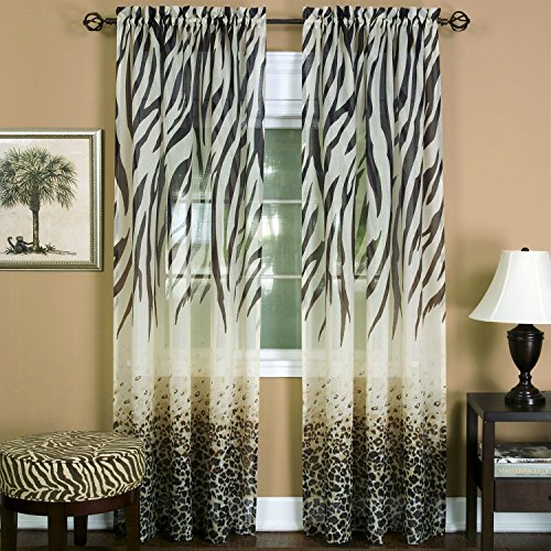 Savannah Collection Wild Safari Zebra and Leopard Print Set of 2 Sheer Panels in Brown (50 inch x 63 inch )