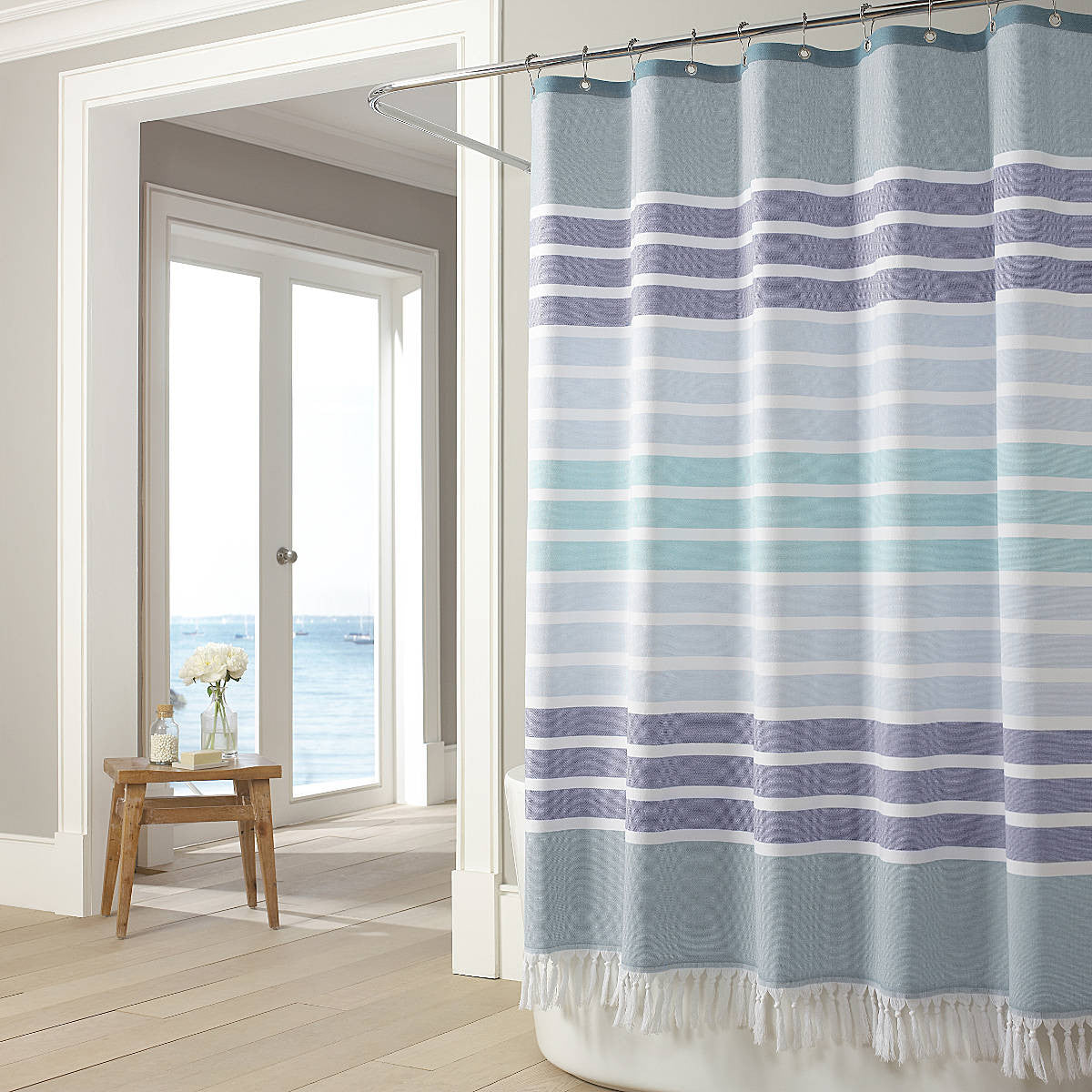 Royal Bath Shades of Blue 100% Cotton Twill Striped Shower Curtain with Knotted Fringes (72" x 72")
