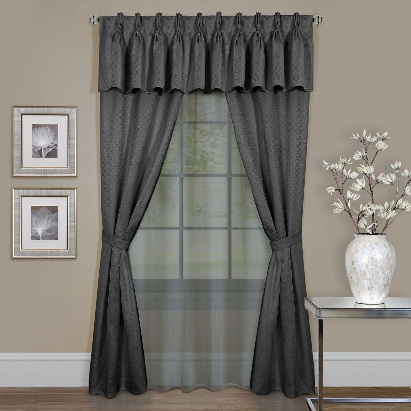 Traditional Elegance Lorraine 6 Pc Window Curtain Set - 55x63 - Charcoal