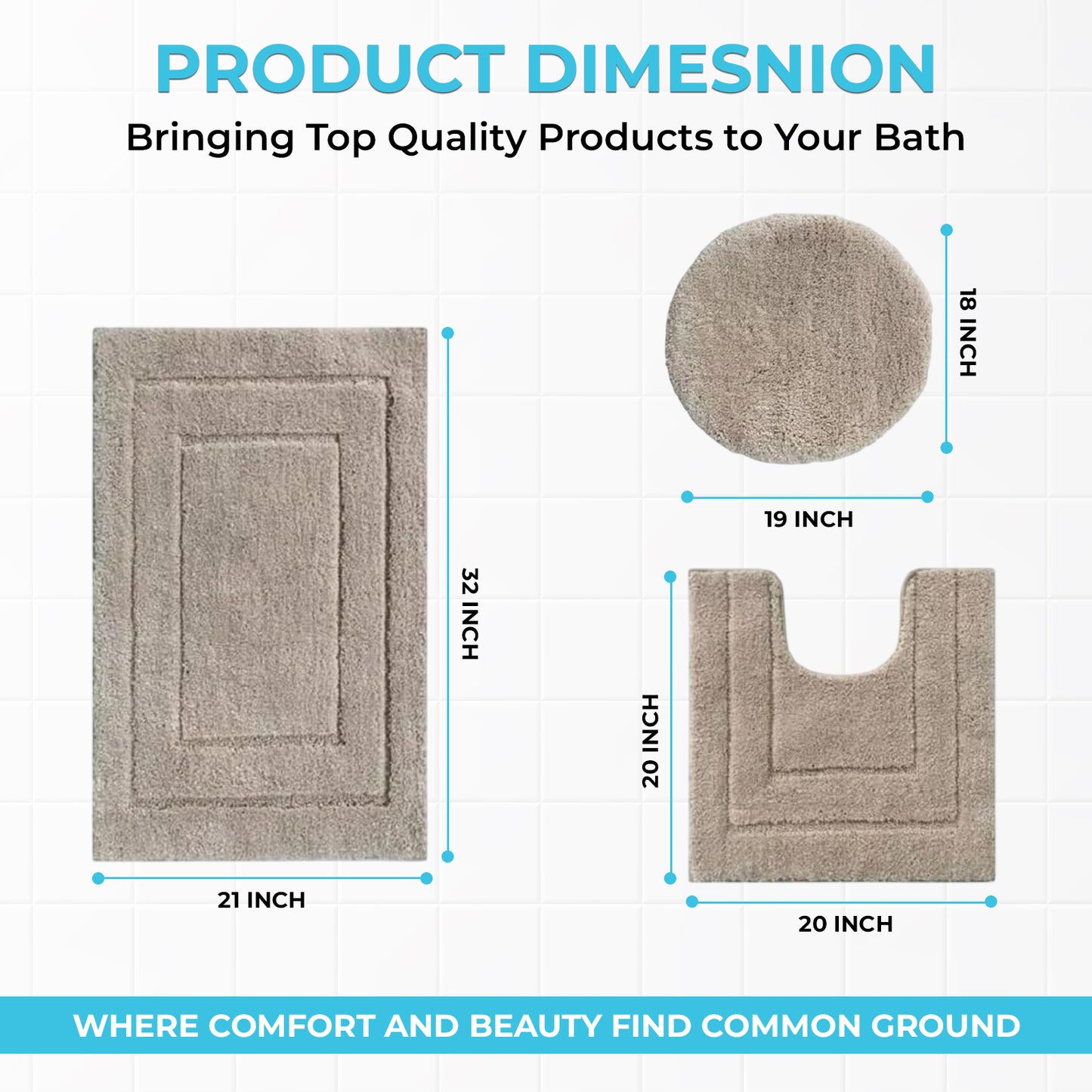 Ben & Jonah Clearwater Collection – 3-Piece Bathroom Rug Set – Beige – Soft Microfiber Bath Mat, Contour Rug & Lid Cover