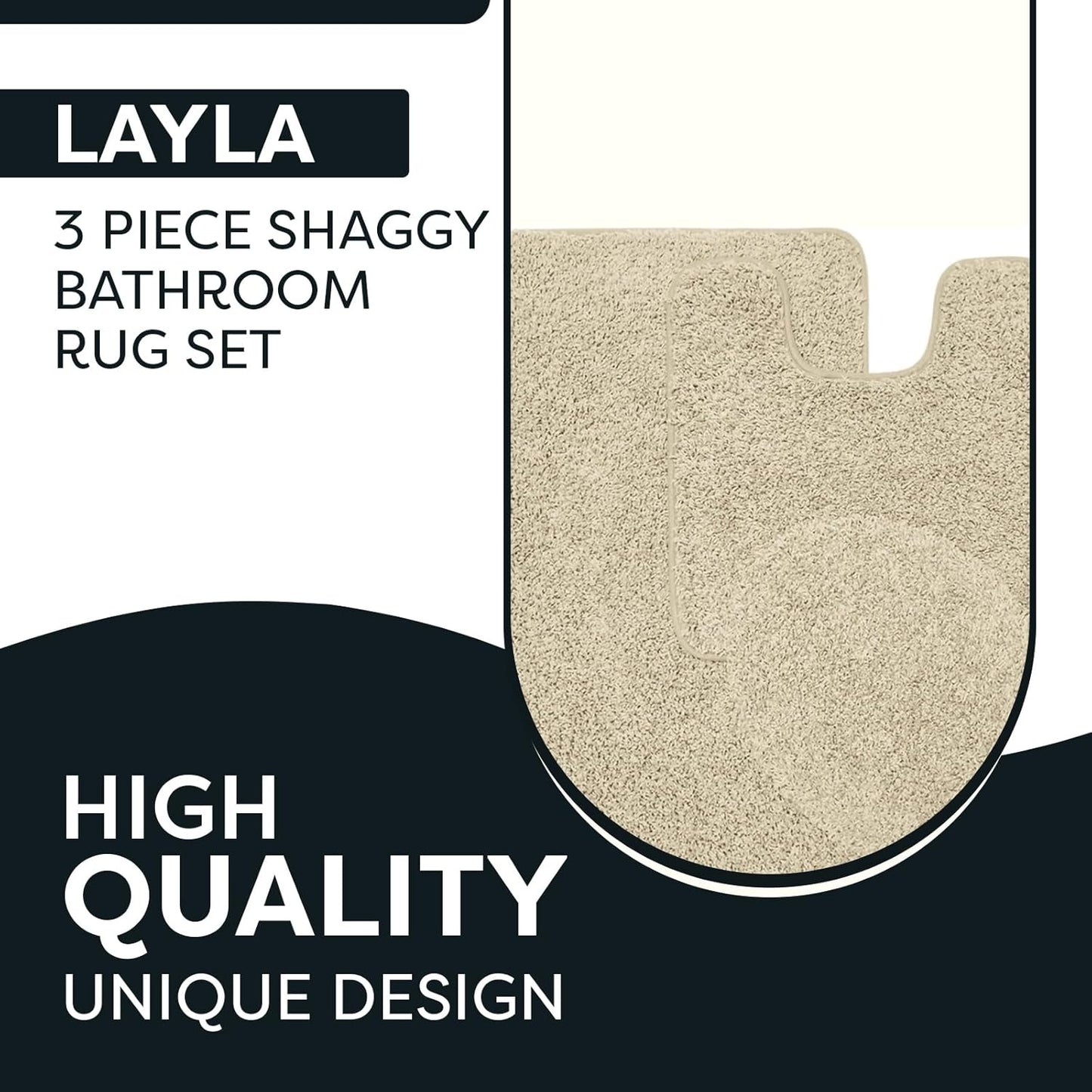 Ben & Jonah Layla 3 Piece Shaggy Bathroom Rug Set, Bath Mat, Contour Rug, Standard Toilet Lid Cover, Non-Slip