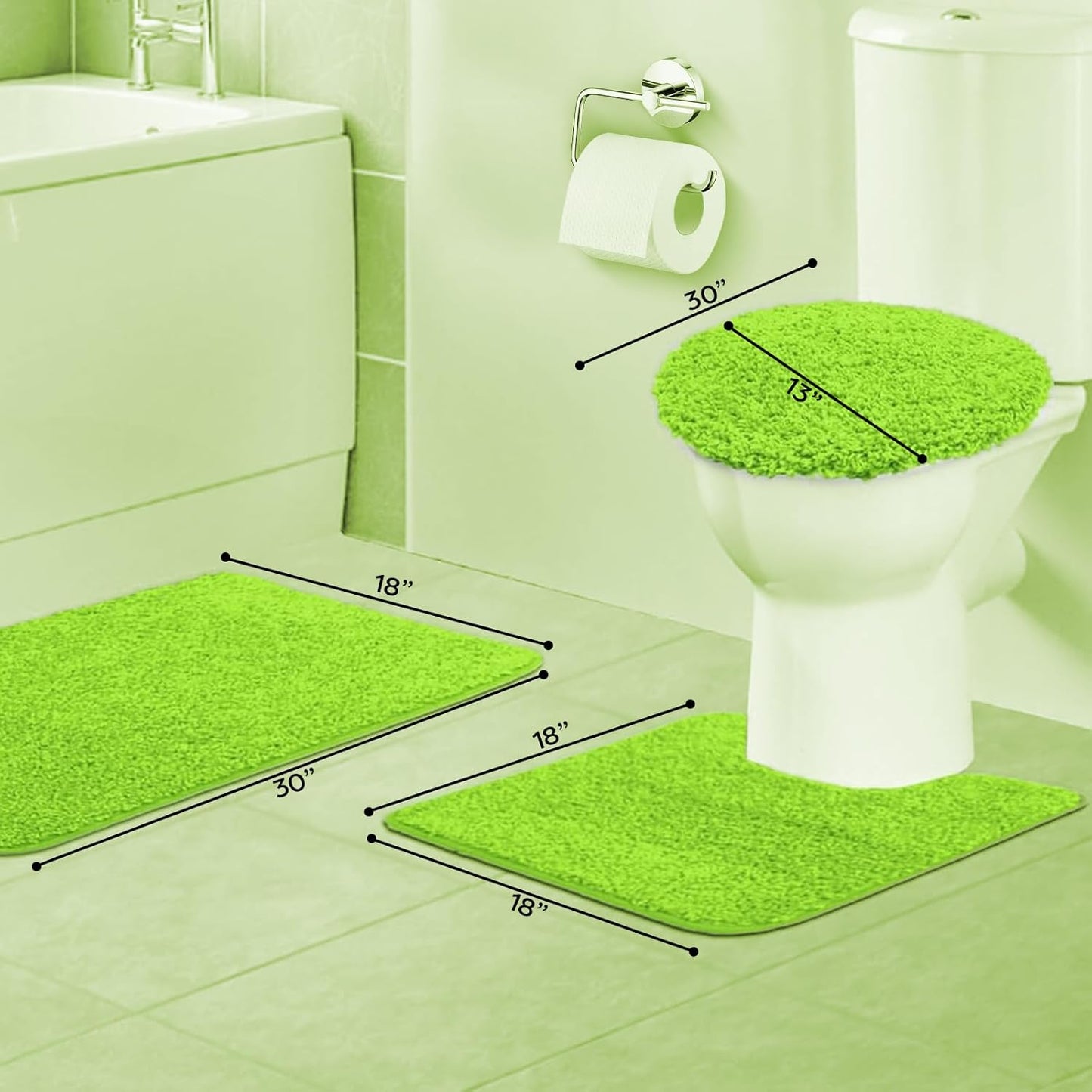 Ben & Jonah Layla 3 Piece Shaggy Bathroom Rug Set, Bath Mat, Contour Rug, Standard Toilet Lid Cover, Non-Slip