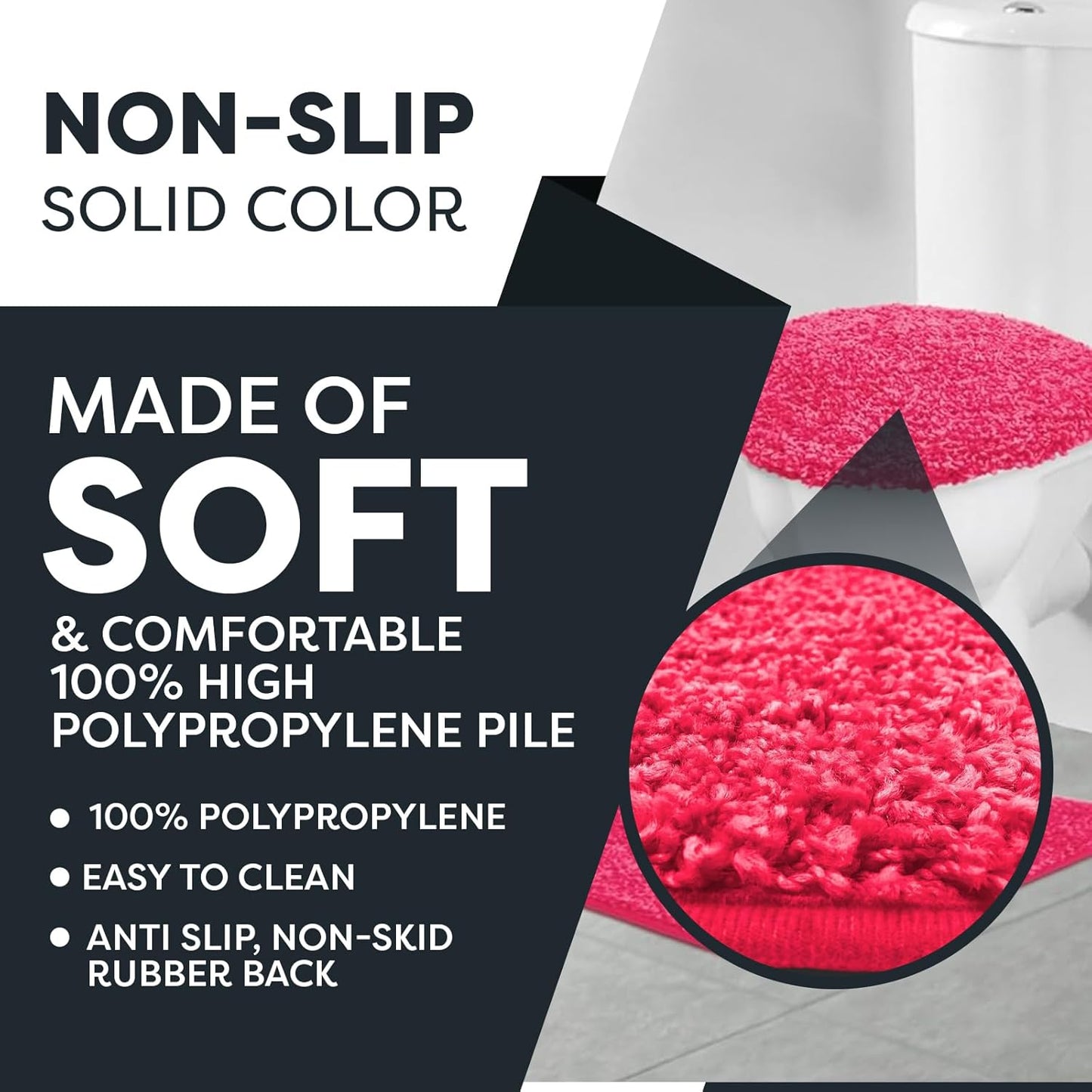 Ben & Jonah Layla 3 Piece Shaggy Bathroom Rug Set, Bath Mat, Contour Rug, Standard Toilet Lid Cover, Non-Slip