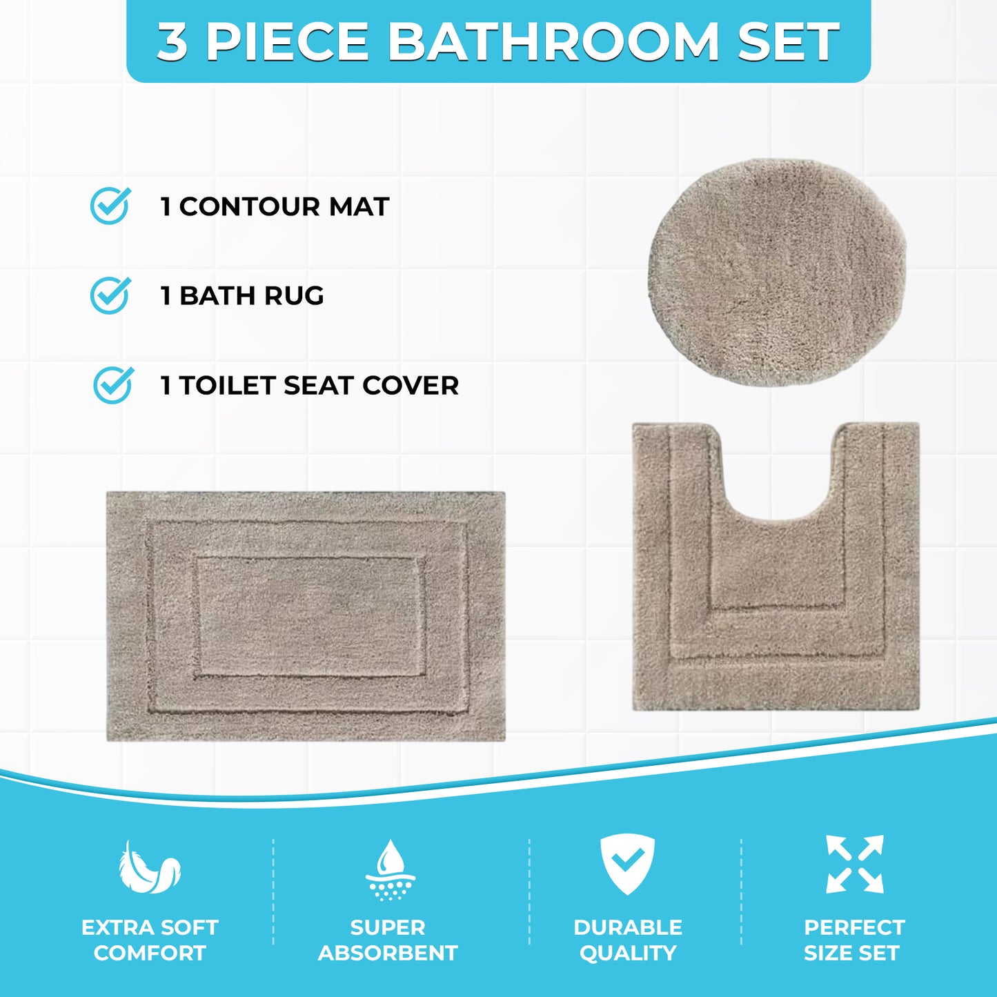 Ben & Jonah Clearwater Collection – 3-Piece Bathroom Rug Set – Beige – Soft Microfiber Bath Mat, Contour Rug & Lid Cover