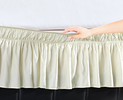 EasyWrap Ivory Elastic Ruffled Bed Skirt with 16 inch  Drop - Queen/King