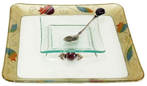 L'Shanah Tovah Happy&Healthy Honey Dish Plate Square Design - Rainbow - Tray 9.5 inch X9.5 inch  D - Bowl 4.5X4.5 inch 