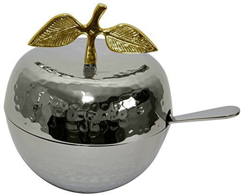 L'Shanah Tovah Happy&Healthy Honey Dish Nickel Hammered With Gold Top 5 inch H With Glass Insert