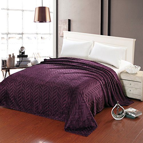 Ben&Jonah Designer Plush Queen (86 inch  x 86 inch ) Leaf Etched Jacquard Blanket - Purple