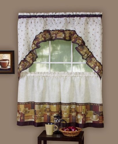 Park Avenue Collection Coffee - Printed Tier and Swag Set - 57x36 Tier Pair/57x30 Swag - Multi