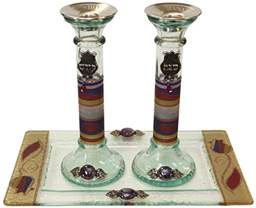 Ultimate Judaica Candle Stick With Tray Large Applique - Purple Pomegranate - Tray 10  inch  W X 5  inch  L - Â Candle Sticks Â - 7.5  inch  H
